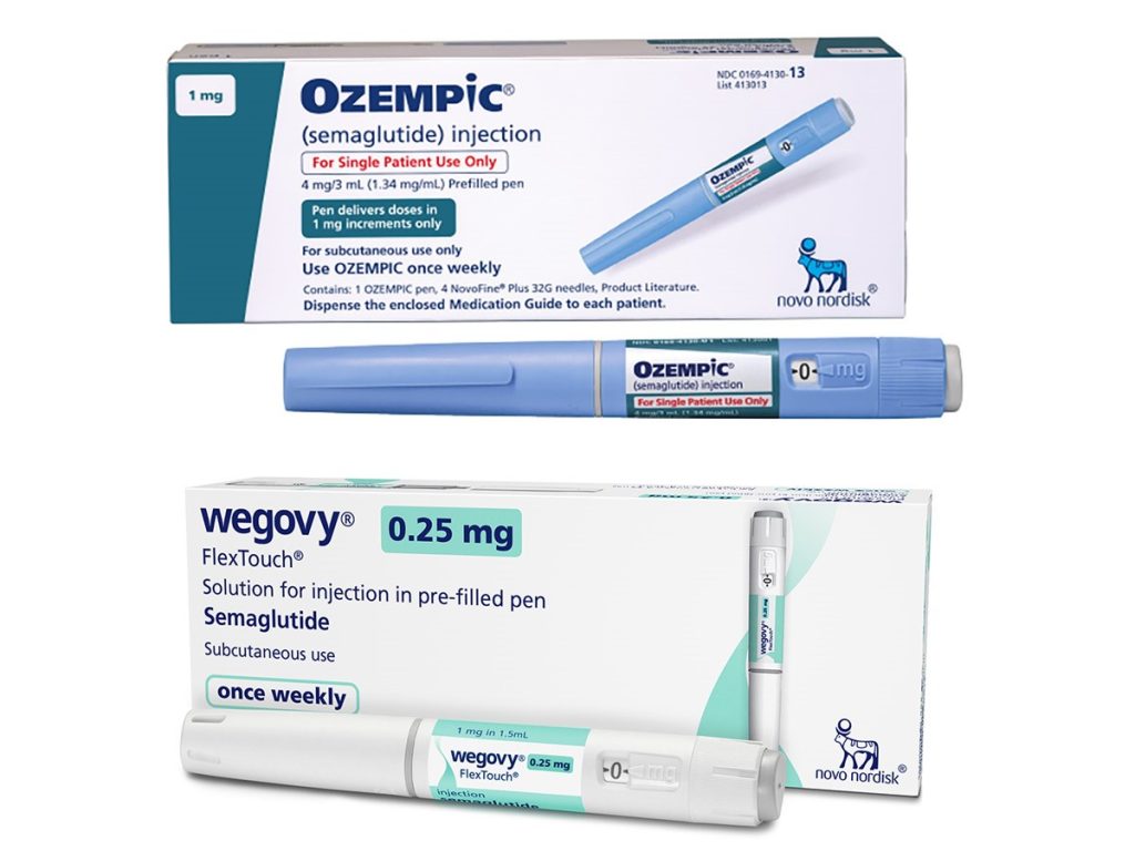 Ozempic and Wegovy both contain semaglutide and are produced by Pharmaceutical company Novo Nordisk