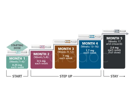 Wegovy dosage schedule. Starting with low doses of 0.25mg and 0.5mg and slowly increasing to maximum dose of 2.4mg